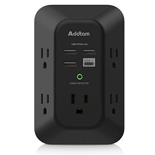 Addtam Surge Protector, Outlet Extender with 5 AC and 4 USB Ports, Black | Multi Plug Wall Outlet, Electric Outlet Splitter, 3-Sided 1800J Power Strip for Home Office Dorm, Easy to Install, Save Space - style: 1C3A No PD