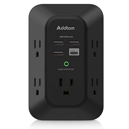 Addtam Surge Protector, Outlet Extender with 5 AC and 4 USB Ports, Black | Multi Plug Wall Outlet, Electric Outlet Splitter, 3-Sided 1800J Power Strip for Home Office Dorm, Easy to Install, Save Space - style: 1C3A No PD