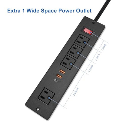 Desktop Recessed Power Strip USB C (Fast Charge 20W),Mounted Desk Plug in Extension Cord 4 Outlets (1 Extra Wide Space) w 3 USB Ports (w Switch) for Conference Counter Table Couch.