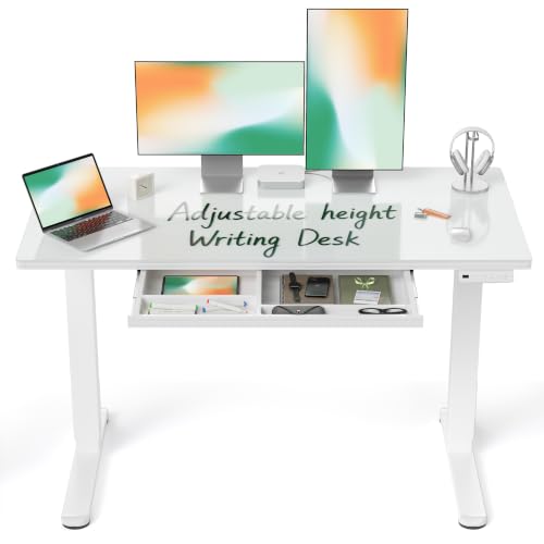 BANTI 48"x24" Standing Desk with Glass Top, Height Adjustable Computer Desk with Drawer, One-piece Rising Home Office Desks with Positon Memory, Sit Stand Up Electric Workstation Table, White