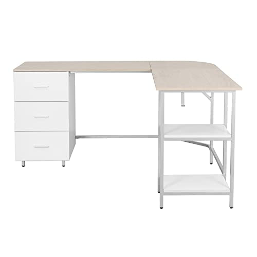 Techni Mobili 59" Two-Tone L‑Shaped Office Desk with Storage Shelves, Sand - color: Sand