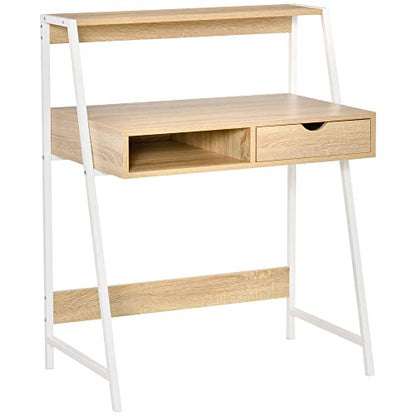 HOMCOM Home Office Desk with A Frame for Small Spaces, Natural | Computer Desk, Writing Table, with Drawer, Storage Shelves - color: Natural