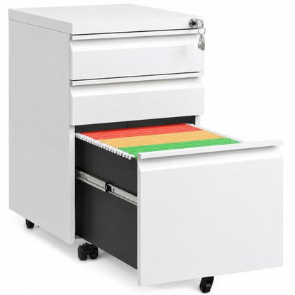 SAWJEC 3 Drawer Mobile File Cabinet Fully Assembled, White | 15"W x 17"D x 24"H, Fit Letter/Legal/A4, Vertical, Locking, Steel, Under Desk Storage, Filing Cabinet, Home Office - color: White, size: 24"H x 15"W x 17"D