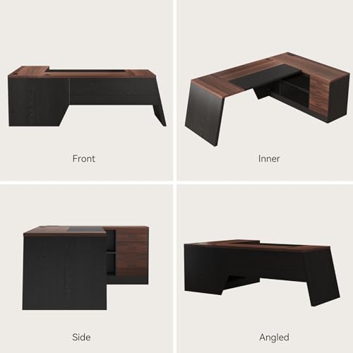 78-Inch L-Shaped Executive Desk with Drawer, Walnut Brown Black | Large Home Office Desk with Cord Hold and Power Outlet, Modern Computer Table with File Cabinet,Open Shelf and PC Stand - color: Walnut