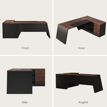 78-Inch L-Shaped Executive Desk with Drawer, Walnut Brown Black | Large Home Office Desk with Cord Hold and Power Outlet, Modern Computer Table with File Cabinet,Open Shelf and PC Stand - color: Walnut