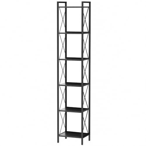 Homhedy 6 Tier Small Bookshelf, Tall Narrow Bookcase, Metal Book Shelf | Industrial Style for Small Spaces, Home, Office, Living Room, Kitchen, Bedroom , 10.4" D x 13" W x 67.4" H, Black - color: Black, size: 10.4"D x 13"W x 67.4"H