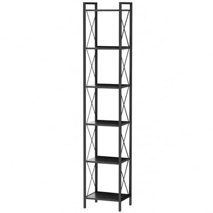 Homhedy 6 Tier Small Bookshelf, Tall Narrow Bookcase, Metal Book Shelf | Industrial Style for Small Spaces, Home, Office, Living Room, Kitchen, Bedroom , 10.4" D x 13" W x 67.4" H, Black - color: Black, size: 10.4"D x 13"W x 67.4"H