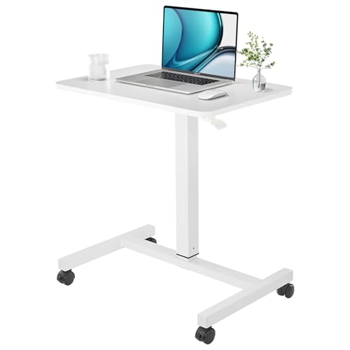 CLATINA Mobile Laptop Desk Pneumatic Sit to Stand Table Height Adjustable Rolling Cart with Lockable Wheels for Home Office Computer Workstation 28" x 19" White Round Edge Design Elegant - color: White, size: Drawerless