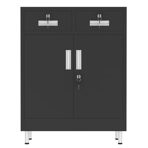 Metal Storage Cabinet with Locking Doors and 2 Drawers, Lockable Storage Cabinet with Adjustable Shelf for Home Office Garage Entryway Pantry (Black)