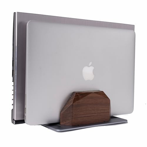 Walnut Vertical Laptop Stand, Dual Slot Wood Laptop Holder for Desk - color: Grey
