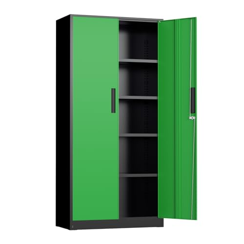 Metal Storage Cabinet, 72" Locking Steel Cabinets with 2 Door and 4 Adjustable Shelves, Tall Metal Cabinet for Home Office, Garage, Warehouse,(Black+Green) - color: Black Green, size: 71" High