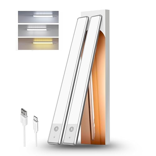 7" LED Cabinet Light with Motion & Light Sensor, Pack of 2 Rechargeable Under Cabinet Lighting, 3 Color Modes 3000K/4500K/6000K, 36 LEDs, 100LM, USB, 1100mAh Battery, Wireless Closet Light - size: 7 Inch