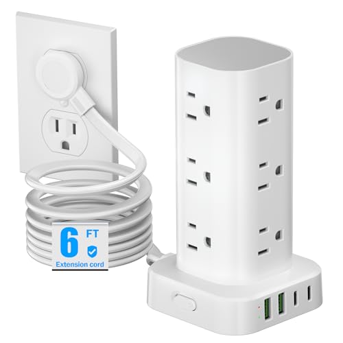 Tower Power Strips with Surge Protection, 6FT Flat Extension Cord with Multiple Outlets, 12 AC 4 USB Ports, Overload Protection Charging Station for Office Home Dorm Room Travel (White) - color: White, size: 6FT without Wireless Charger