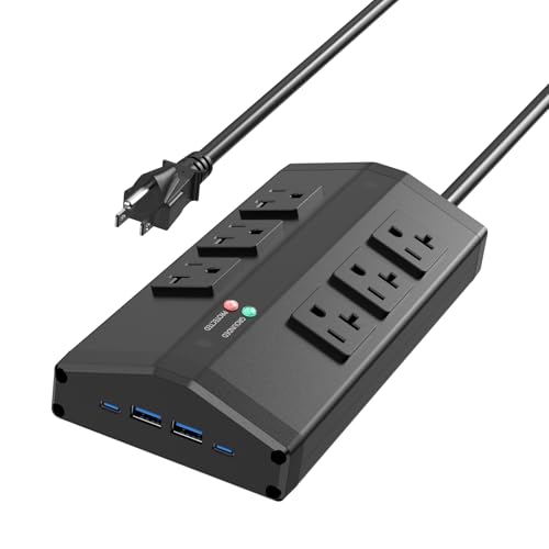 JUNNUJ Heavy Duty Surge Protector with 6 Plug 4 USB Ports, 6 FT, Black | High Amp Power Strip, 12 Gauge Extension Cord with Multiple Outlets, Metal Wall Mount Outlet Extender for Garage Industrial - size: 6 ft