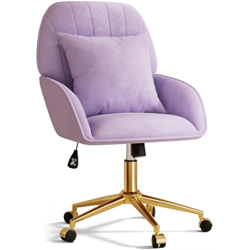 Home Office Desk Chair Comfy with Adjustable Swivel Wheels, Modern Velvet Makeup Vanity Chair with Back & Pillow, Ergonomic Office Chair Computer Task Chair for Living Room, Bedroom, Purple - color: Purple