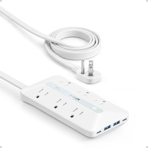 Anker Power Strip with 300J Surge Protector, 10ft Outlet Extender, 20W, 6AC | Flat Plug Extension Cord with Multiple Outlets, 2 USB C, 2 USB A, Dorm Room Essentials, Home Office, TUV Listed - color: White, size: 10FT