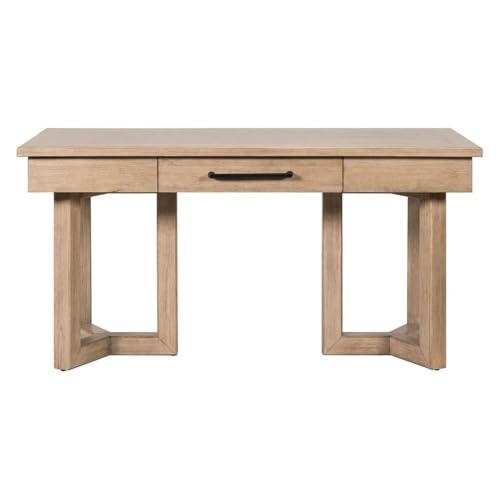 Pemberly Row 2-Piece Writing Desk and Credenza Set, Rubberwood and Birch Veneer, Barley Buff Finish, Transitional Home Office Furniture with Storage Drawer, File Drawer, Adjustable Shelves