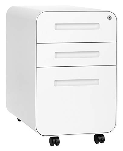 Laura Davidson Furniture Stockpile 3 Drawer File Cabinet with Lock - Under Office Desk Metal Filing Cabinet, Legal/Letter File Folders, Wheels and Stationary Feet, Pre-Assembled, White - color: White