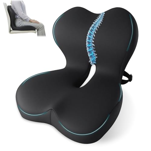 Memory Foam Seat Cushion,Office Chair Cushion with Lumbar Support for Back Pressure Relief, Car Seat Cushion with Adjustable Strap,Sciatica Pad Cushions for Car,Truck, Desk,Gaming Chair - color: Onyx