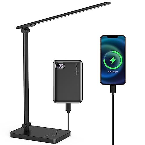 Desk Lamp Eye-Caring LED Table Lamp Dimmable Bedside Lamp with 2 USB Charging Ports and 10 Brightness Levels x 5 Colour Modes Touch Control Daylight Lamp for Office, Bedside, Reading- Auto Timer