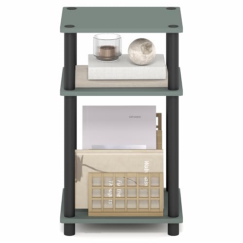 Furinno JUST Side Table, 3-Tier End Table, Open Shelves Night Stand, Bedside Table, Toolless Assembly, for Living Room, Bedroom, Bathroom, Sage Green - color: Sage Green/Black, size: 3-Tier, Round Pole, style: 1-Pack