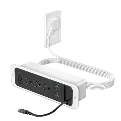 Recessed Power Strip with Retractable USB C Cable,2 PD 20W USB C,Flush Mount Countertop Drawer Outlet, Furniture Hidden Outlet for Side Table,End Table,3 Outlets (Black and White, 6FT-20W) - color: Black and white, size: 6FT-20W USB