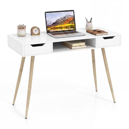 Tangkula Mid Century Modern Desk Simple Computer Desk | White Writing Desk Vanity Table w/2 Drawers & Open Center Storage, Small Wooden Study Table for Home Office & Compact Spaces - color: White