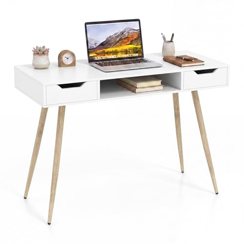 Tangkula Mid Century Modern Desk Simple Computer Desk | White Writing Desk Vanity Table w/2 Drawers & Open Center Storage, Small Wooden Study Table for Home Office & Compact Spaces - color: White