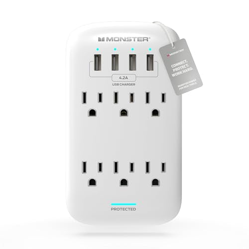 Monster Surge Protector Power Strip, 6 AC Outlets, 4 USB Ports (4.2A), 980 Joules, Wall Mount Outlet Extender, 120V Type B Plug, ETL Listed, White, Metal Oxide Enclosure
