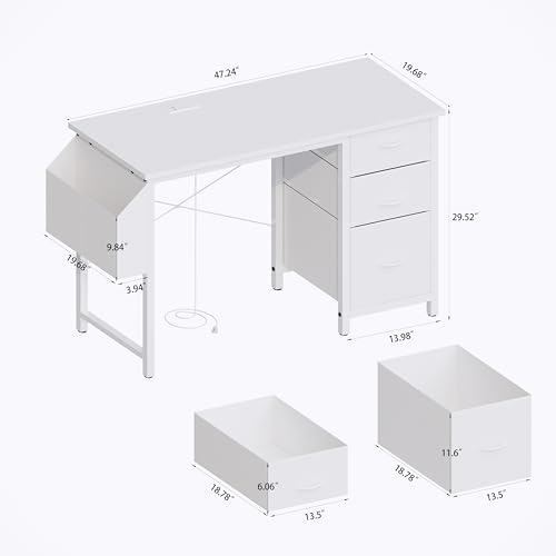 47.3" Office Desk with Power Outlet,3 Drawers,Side Pocket, Study Desk Easy to Assemble,Frame Stability Reversible for Home, Company Computer Game Table,Vanity Table, White