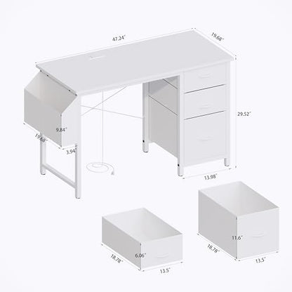 47.3" Office Desk with Power Outlet & 3 Drawers - Sturdy Reversible Frame, Side Pocket, Easy Assembly - Home/Office Computer Desk, Gaming Table, Vanity Table (White + MDF+Metal + Modern) - color: White + Mdf+metal + Modern