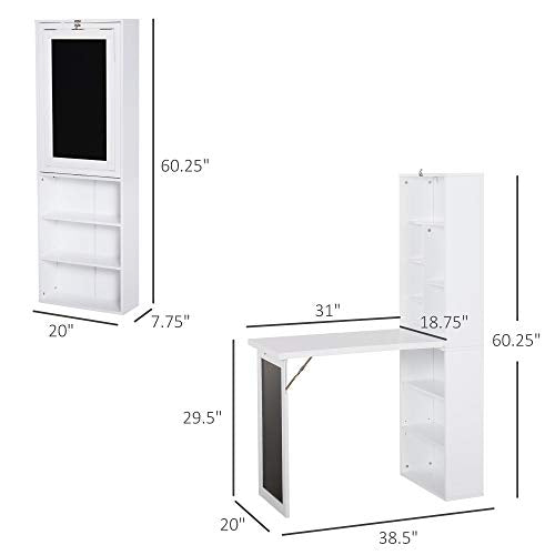 White Wall Mounted Folding Desk, Wood Compact Desk for Small Spaces | Hidden Computer Desk with Bookshelf & Storage, Foldable Murphy/Writing Table with A Blackboard for Bedroom Apartment - color: White.
