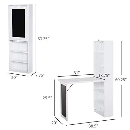White Wall Mounted Folding Desk, Wood Compact Desk for Small Spaces | Hidden Computer Desk with Bookshelf & Storage, Foldable Murphy/Writing Table with A Blackboard for Bedroom Apartment - color: White.