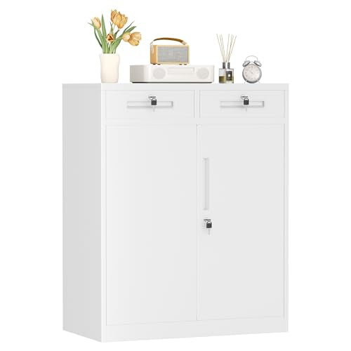 Metal Garage Storage Cabinets with Lock,Steel Storage Cabinet with Drawer and 2 Adjustable Shelves, Small Lockable Office Steel Cabinet for Home, Warehouse, School, White - color: White, size: 36.5" High
