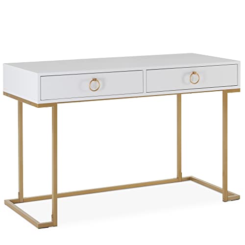 BELLEZE Modern 45 Inch Makeup Vanity Dressing Table or Home Office Computer Laptop Writing Desk with Two Storage Drawers, Wood Top, and Gold Metal Frame - Chelsea (Matte White) - color: Matt White, size: 45" L Shape