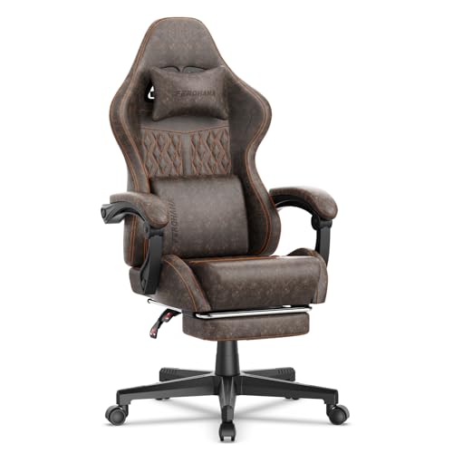 Vintage PU Leather Gaming Chair, High Back Gamer Chair with Massage, Ergonomic Computer Office Chair with Footrest for Adults, Racing Style Reclining Video Game Chair Brown - color: Brown