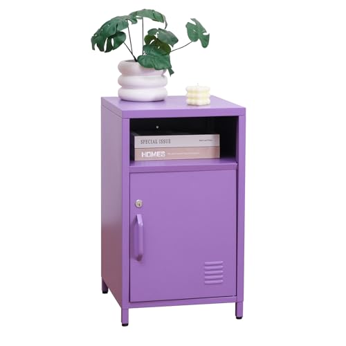 ALBAD Metal Nightstand with Lockable Cabinet | Industrial Bedside Table with Open Shelf, Small Storage Locker Side Table for Bedroom, Living Room, Dorm and Office, Purple - color: Purple, size: 26"H-Lockable Door