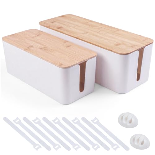 Tuwechen 2 Pack Cable Management Box, Wooden Style Cord Organizer Box | TV Wires Cord Hider, Power Strips Holder, USB Hub & Desk Cord Management, Baby Proof, for Home & Office - color: White