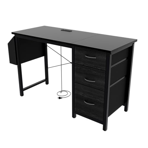47.3" Office Desk with Power Outlet & 3 Drawers - Sturdy Reversible Frame, Side Pocket, Easy Assembly - Home/Office Computer Desk, Gaming Table, Vanity Table (Black + MDF+Metal + Modern) - color: Black + Mdf+metal + Modern