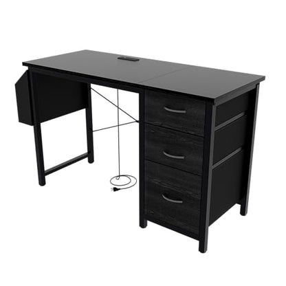 47.3" Office Desk with Power Outlet & 3 Drawers - Sturdy Reversible Frame, Side Pocket, Easy Assembly - Home/Office Computer Desk, Gaming Table, Vanity Table (Black + MDF+Metal + Modern) - color: Black + Mdf+metal + Modern