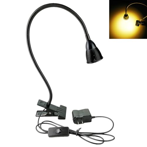QUANS 5W COB Clip-on Adjustable Gooseneck Warm White LED Desk Reading Light | 19 Inch Black Adjustable Neck, 3000K 3500K, US Plug On/Off Switch, Metal Clamp for Sewing Study Bedside Craft Work Lighting - color: Warm White