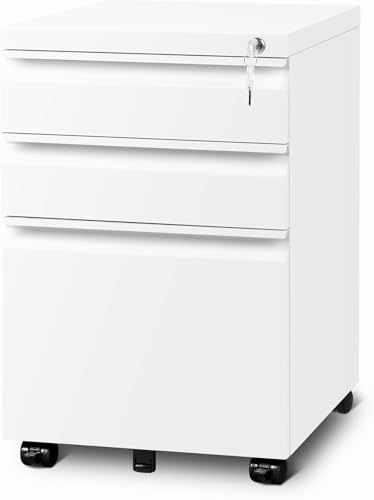 Guizeeopo 3 Drawer File Cabinet with Lock, File Cabinets for Home Office,Under Desk Cabinet, Locking File Cabinet for A4/Letter/Legal, Fully Assembled Expect Casters, Matte White - color: 01-a White