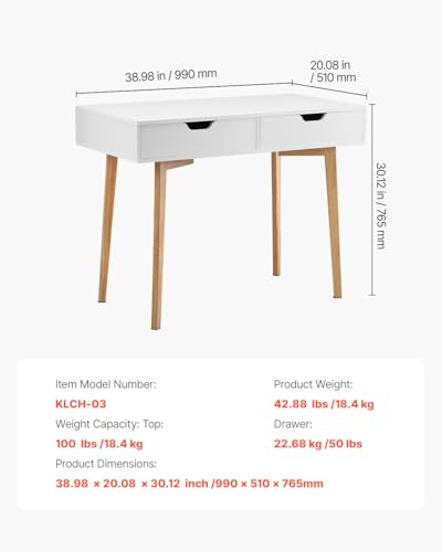 VEVOR Small Desk with Drawers, Kids Desk for Bedroom, Wooden Simple Study Table for Drawing, Reading, Writing, Rectangle MDF Furniture Study Storage Table for Home, Office, White + Wood - size: 38.98"D x 20.08"W x 30.12"H