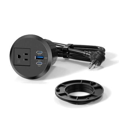 2 Inch Desk Power Grommet Outlet, 1AC Outlets, 3 USB (2 USB-C), Black, 6FT - color: Black