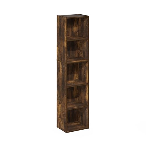 Furinno PASIR Book Shelf, 5-Tier Modern Bookshelf, Open Shelves Bookcase 9 x 12 x 52, Easy Assembly, for Living Room, Bedroom, Home Office, Amber Pine - color: Amber Pine, size: 5-Tier Cube