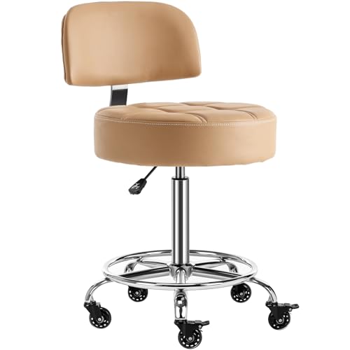 Lockable Stool with Back and Foot Rest Ergonomic Rolling Hydraulic Adjustable Stool for Doctor Esthetician Artist Home Small Office Desk (Camel, 19.5''-24.5'') - color: Camel, size: Seat height 19.5-24.5inch