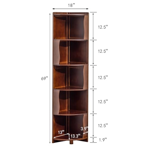5-Tier Bamboo Corner Shelf Freestanding Fan-Shaped Storage Rack, Space-Saving Corner Cabinet for Living Room or Bedroom, Easy to Assemble, Dark Walnut