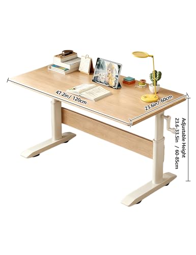 Manual Crank Standing Desk Adjustable Height 23.6-33.5 inch, Steel Frame Computer Table with Solid Wood Eco-Board Desktop and Cable Management Hole, mesa Gamer for Home Office(White,48IN) - color: White, size: 48IN