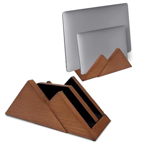 Dual Laptop Holder Vertical Stand 2 Slots Wooden - Light Brown (Oak Color) - Vertical Holder for Desk, MacBook Pro & Air, Desktop Organizer Made of Natural Wood, Adjustable Stand for Notebooks - color: Light Brown
