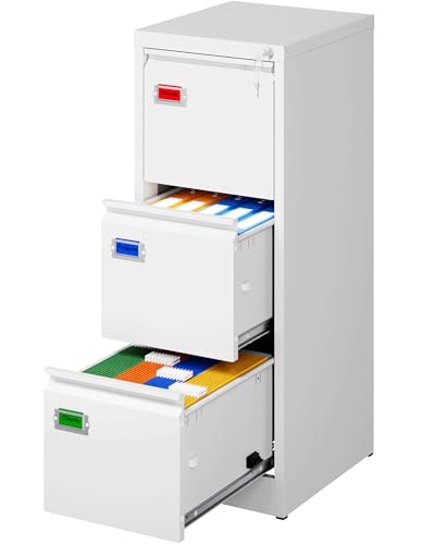 PEUKC 3-Drawer File Cabinet with Lock, 16.3" Deep Vertical Filing Cabinets, Metal File Cabinets for Home Office, Anti-Tip 3 Storage Drawers for Letter/Legal/A4/F4 Size (Assemble Required, White) - color: White, size: 40.6"H